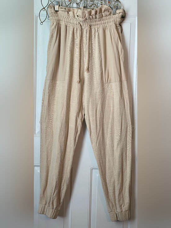 Blank NYC Pants - Blank NYC Paperbag Waist Linen Blend Joggers Women's S Tan Ruffled Drawstring